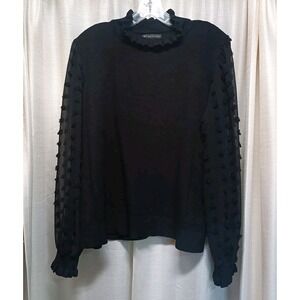 Adrianna Papell Women's Size XL Black Swiss Dot Sheer Sleeve Sweater Ruffle Neck